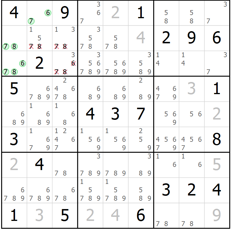 Position des candidats pour la solution de la Gr 22 page 25 du magazine de sudoku Virtuose n° 124