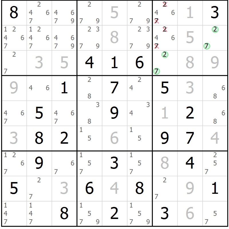 Position des candidats pour la solution de la Gr 23 page 26 du magazine de sudoku Virtuose n° 124