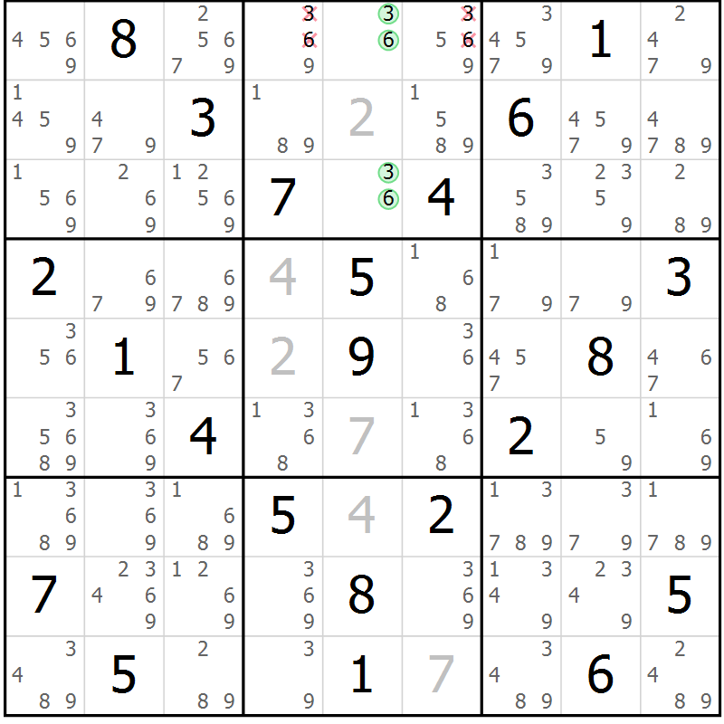Position des candidats pour la solution de la Gr 24 page 27 du magazine de sudoku Virtuose n° 124