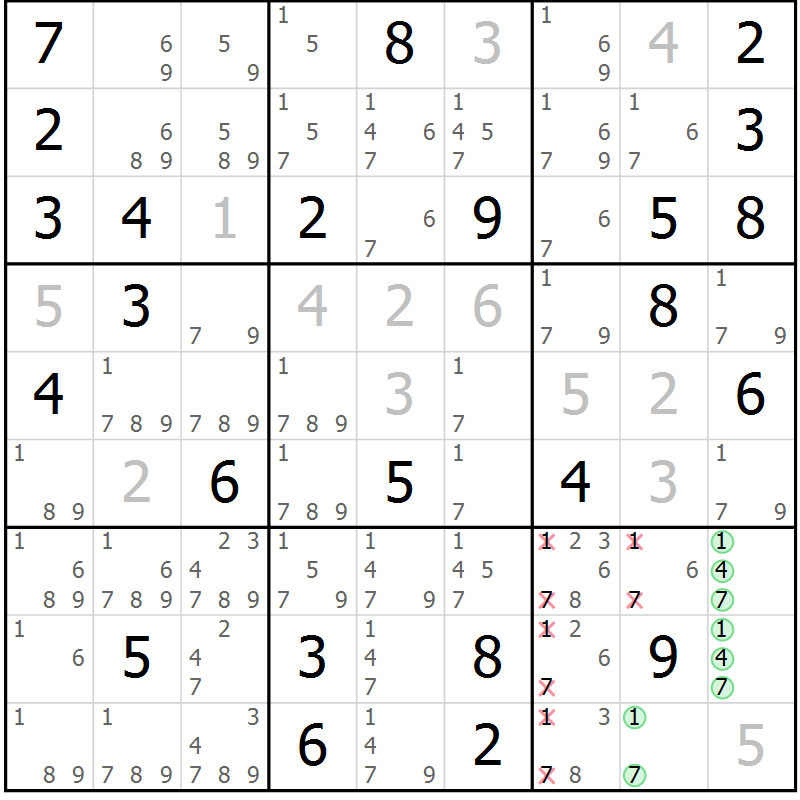 Position des candidats pour la solution de la Gr 25 page 28 du magazine de sudoku Virtuose n° 124