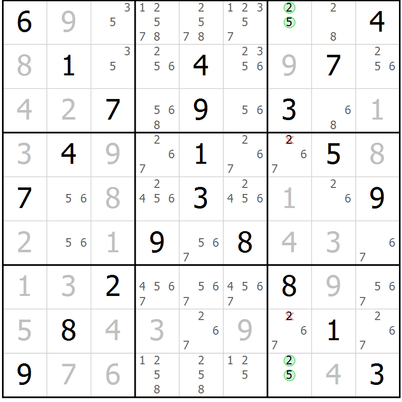 Position des candidats pour la solution de la Gr 26 page 29 du magazine de sudoku Virtuose n° 124