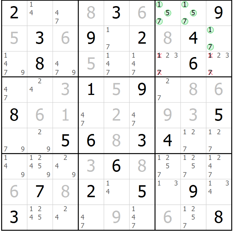 Position des candidats pour la solution de la Gr 27 page 30 du magazine de sudoku Virtuose n° 124