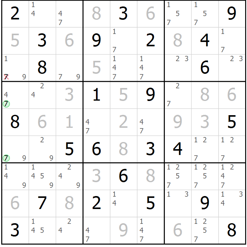 Position des candidats pour la solution de la Gr 27 page 30 du magazine de sudoku Virtuose n° 124