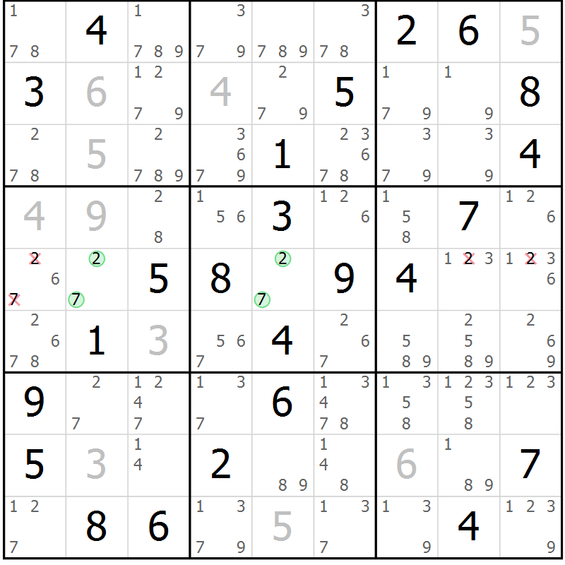 Position des candidats pour la solution de la Gr 28 page 31 du magazine de sudoku Virtuose n° 124