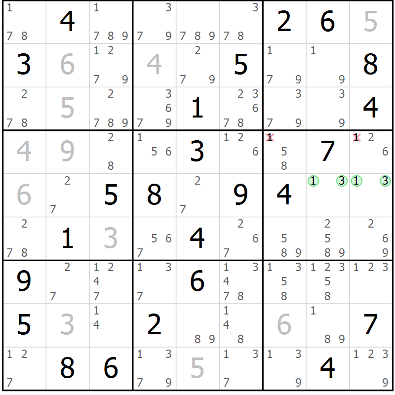 Position des candidats pour la solution de la Gr 28 page 31 du magazine de sudoku Virtuose n° 124