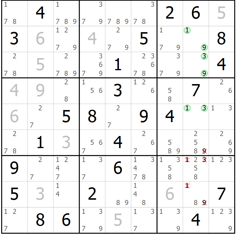 Position des candidats pour la solution de la Gr 28 page 31 du magazine de sudoku Virtuose n° 124