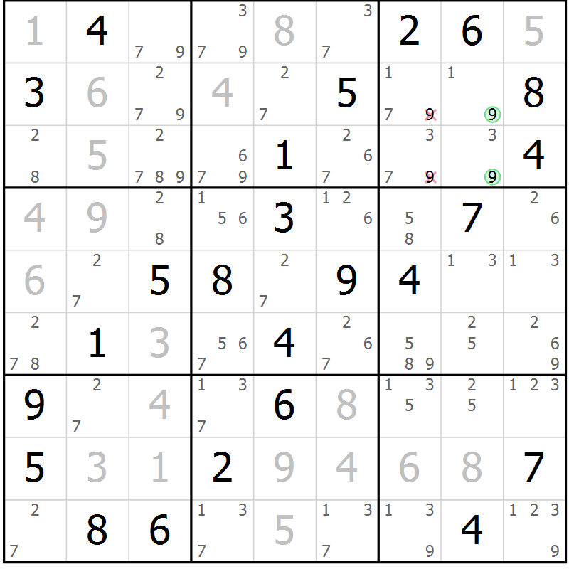 Position des candidats pour la solution de la Gr 28 page 31 du magazine de sudoku Virtuose n° 124