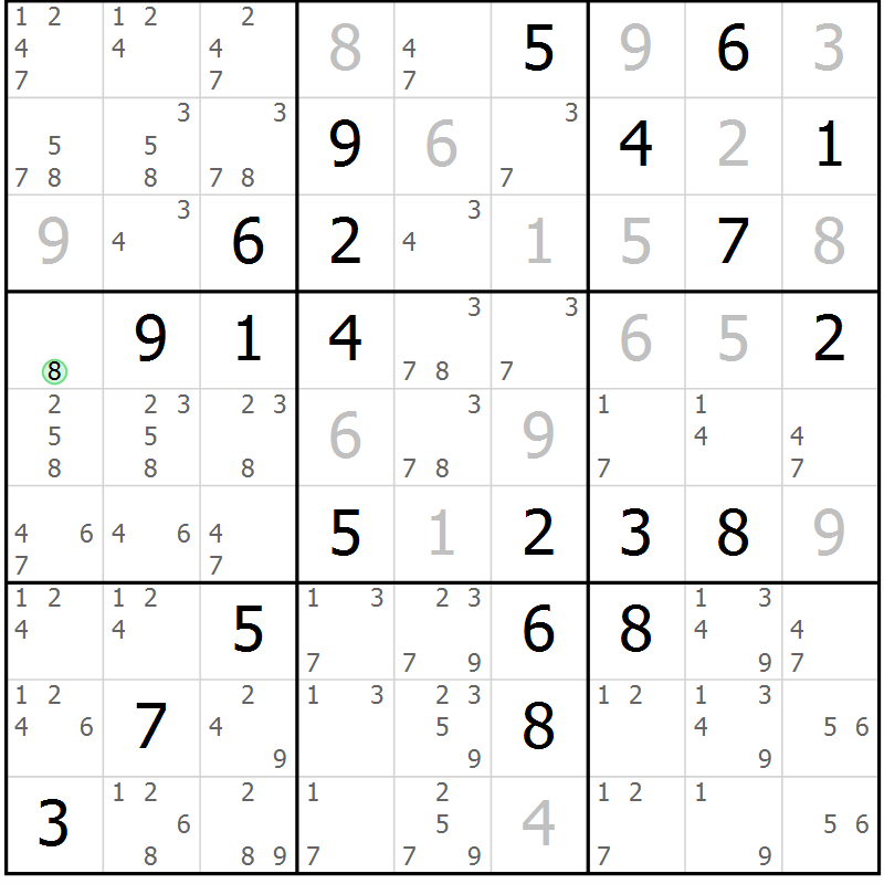 Position des candidats pour la solution de la Gr 29 page 32 du magazine de sudoku Virtuose n° 124