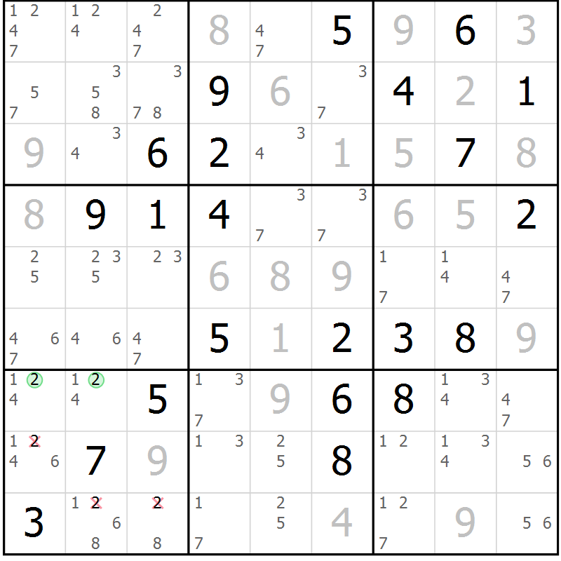 Position des candidats pour la solution de la Gr 29 page 32 du magazine de sudoku Virtuose n° 124