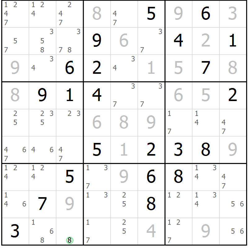 Position des candidats pour la solution de la Gr 29 page 32 du magazine de sudoku Virtuose n° 124