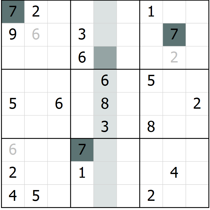 Position des candidats pour la solution de la Gr 3 page 6 du magazine de sudoku Virtuose n° 124