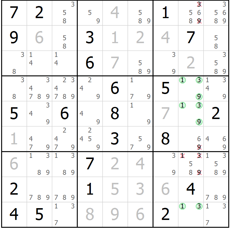 Position des candidats pour la solution de la Gr 3 page 6 du magazine de sudoku Virtuose n° 124