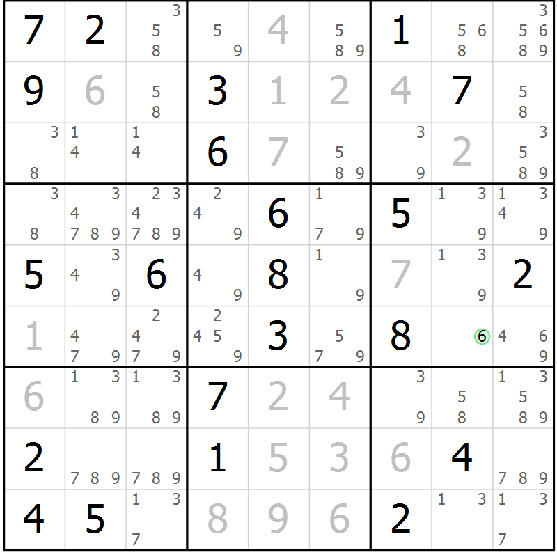 Position des candidats pour la solution de la Gr 3 page 6 du magazine de sudoku Virtuose n° 124