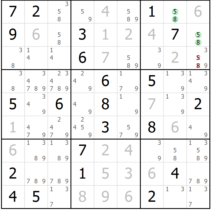 Position des candidats pour la solution de la Gr 3 page 6 du magazine de sudoku Virtuose n° 124