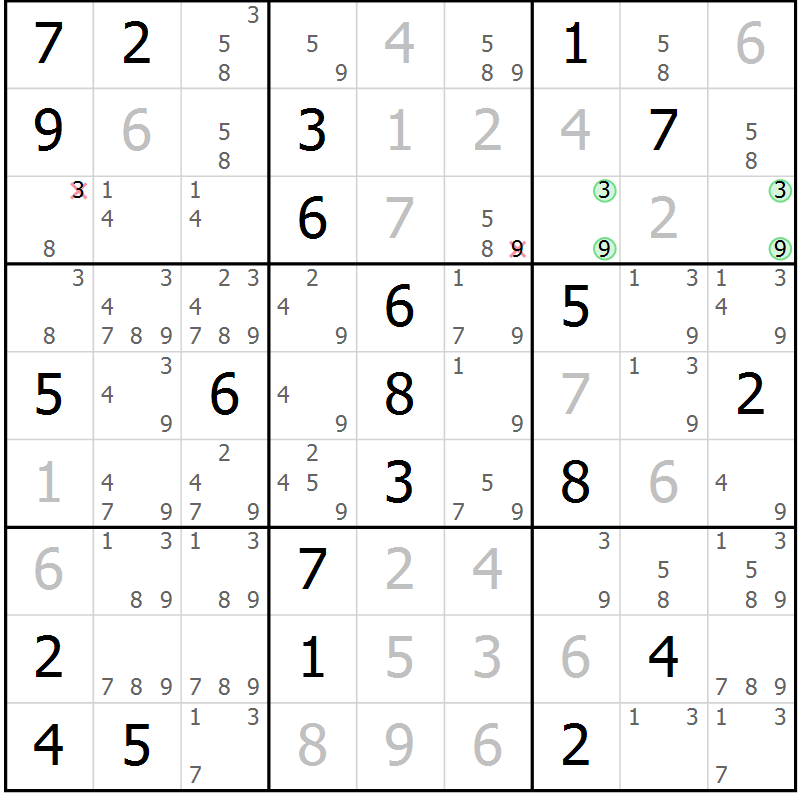 Position des candidats pour la solution de la Gr 3 page 6 du magazine de sudoku Virtuose n° 124