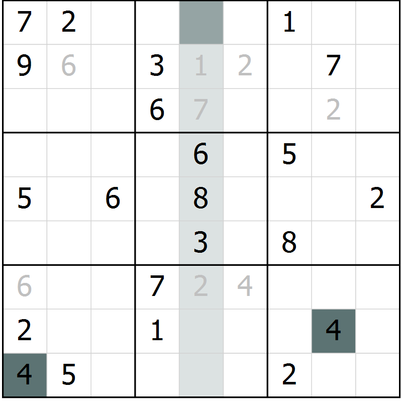 Position des candidats pour la solution de la Gr 3 page 6 du magazine de sudoku Virtuose n° 124