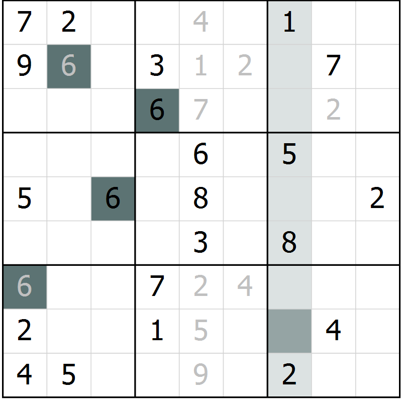 Position des candidats pour la solution de la Gr 3 page 6 du magazine de sudoku Virtuose n° 124