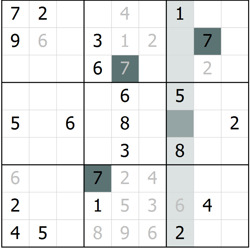 Position des candidats pour la solution de la Gr 3 page 6 du magazine de sudoku Virtuose n° 124