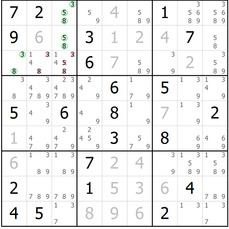 Position des candidats pour la solution de la Gr 3 page 6 du magazine de sudoku Virtuose n° 124