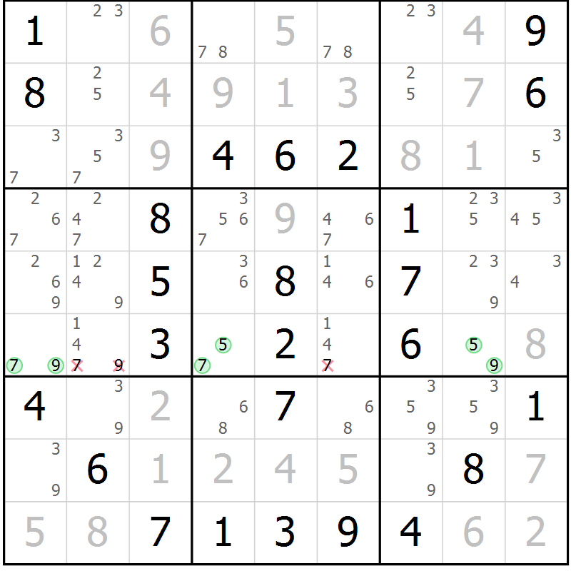 Position des candidats pour la solution de la Gr 33 page 36 du magazine de sudoku Virtuose n° 124