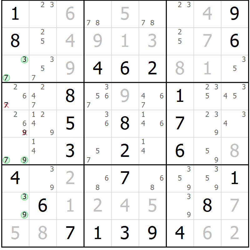 Position des candidats pour la solution de la Gr 33 page 36 du magazine de sudoku Virtuose n° 124