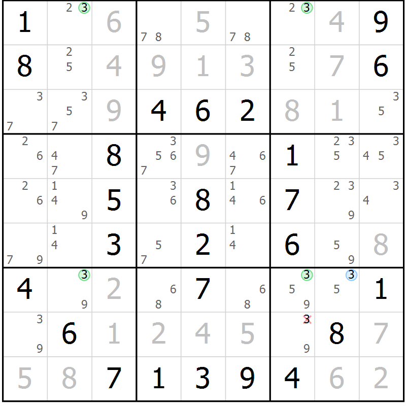 Position des candidats pour la solution de la Gr 33 page 36 du magazine de sudoku Virtuose n° 124