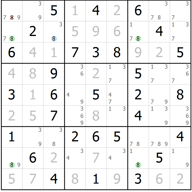Position des candidats pour la solution de la Gr 39 page 42 du magazine de sudoku Virtuose n° 124