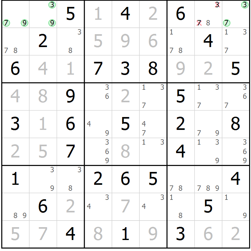 Position des candidats pour la solution de la Gr 39 page 42 du magazine de sudoku Virtuose n° 124