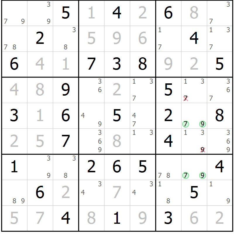 Position des candidats pour la solution de la Gr 39 page 42 du magazine de sudoku Virtuose n° 124