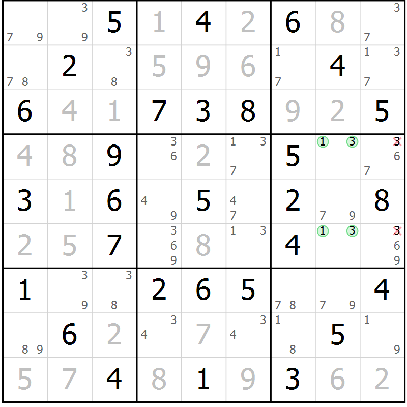 Position des candidats pour la solution de la Gr 39 page 42 du magazine de sudoku Virtuose n° 124