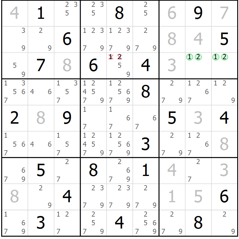 Position des candidats pour la solution de la Gr 4 page 7 du magazine de sudoku Virtuose n° 124