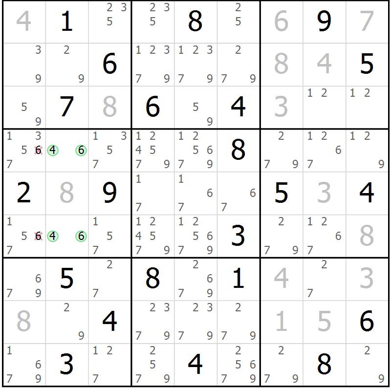 Position des candidats pour la solution de la Gr 4 page 7 du magazine de sudoku Virtuose n° 124