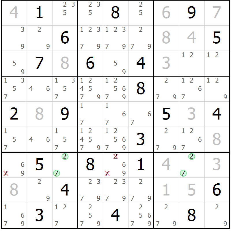 Position des candidats pour la solution de la Gr 4 page 7 du magazine de sudoku Virtuose n° 124