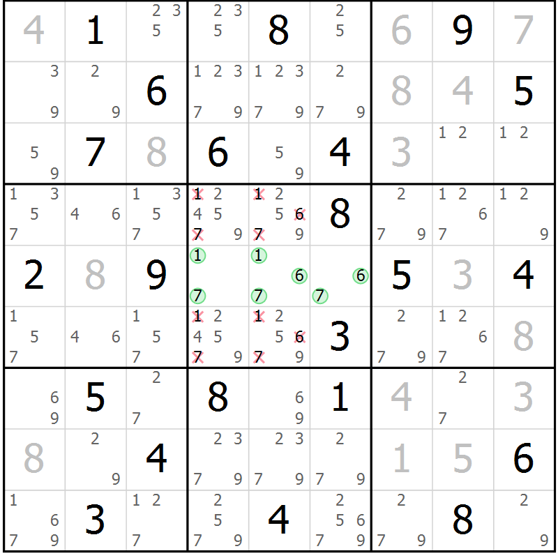 Position des candidats pour la solution de la Gr 4 page 7 du magazine de sudoku Virtuose n° 124