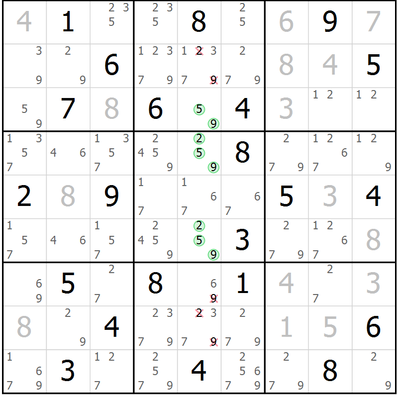 Position des candidats pour la solution de la Gr 4 page 7 du magazine de sudoku Virtuose n° 124