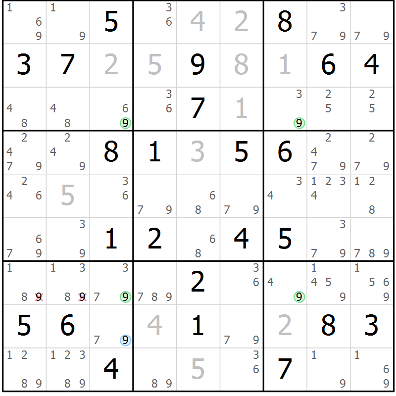 Position des candidats pour la solution de la Gr 40 page 43 du magazine de sudoku Virtuose n° 124