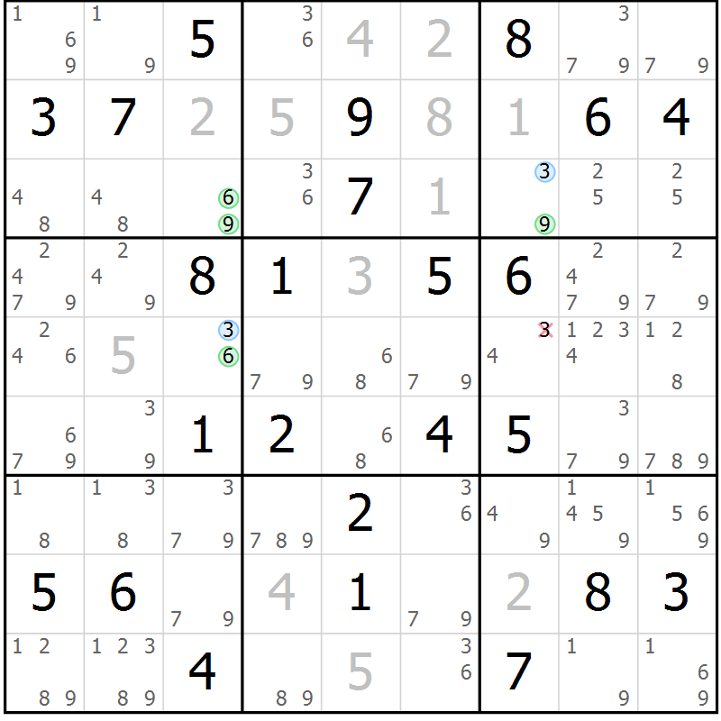 Position des candidats pour la solution de la Gr 40 page 43 du magazine de sudoku Virtuose n° 124