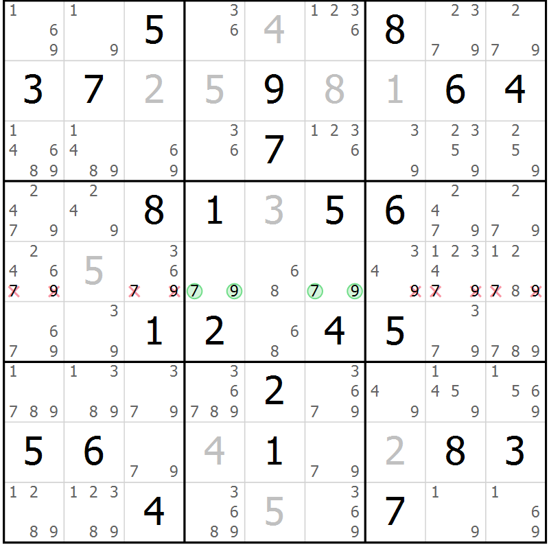 Position des candidats pour la solution de la Gr 40 page 43 du magazine de sudoku Virtuose n° 124