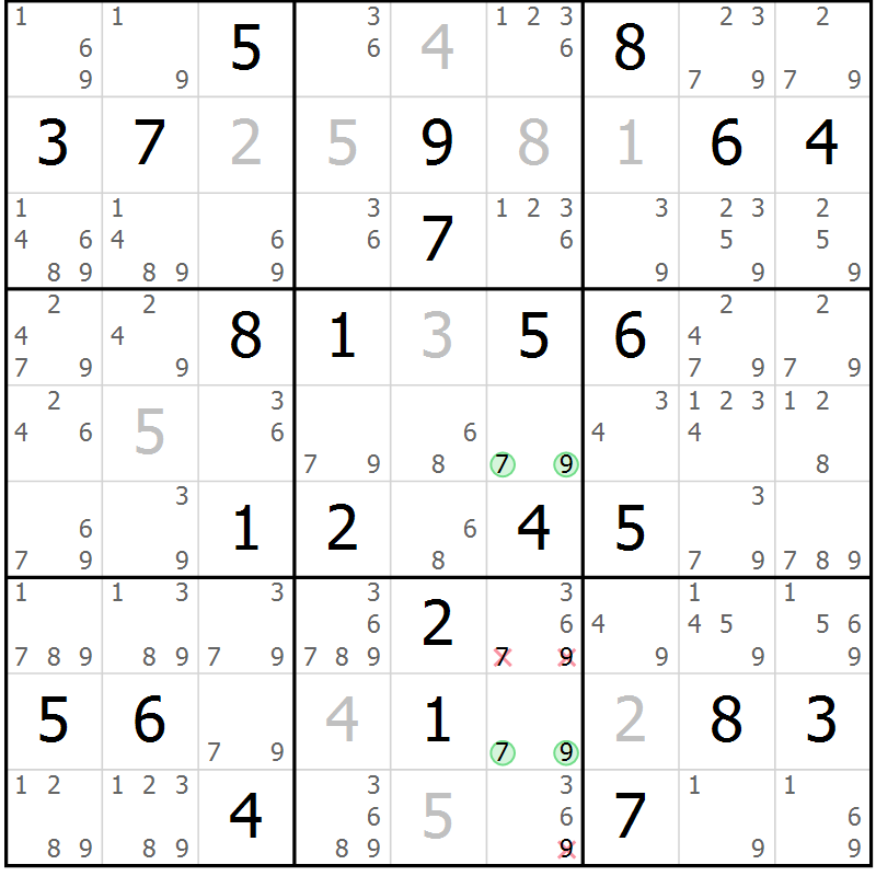Position des candidats pour la solution de la Gr 40 page 43 du magazine de sudoku Virtuose n° 124