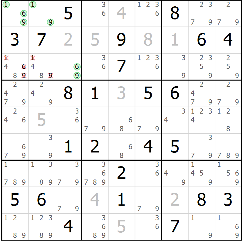 Position des candidats pour la solution de la Gr 40 page 43 du magazine de sudoku Virtuose n° 124