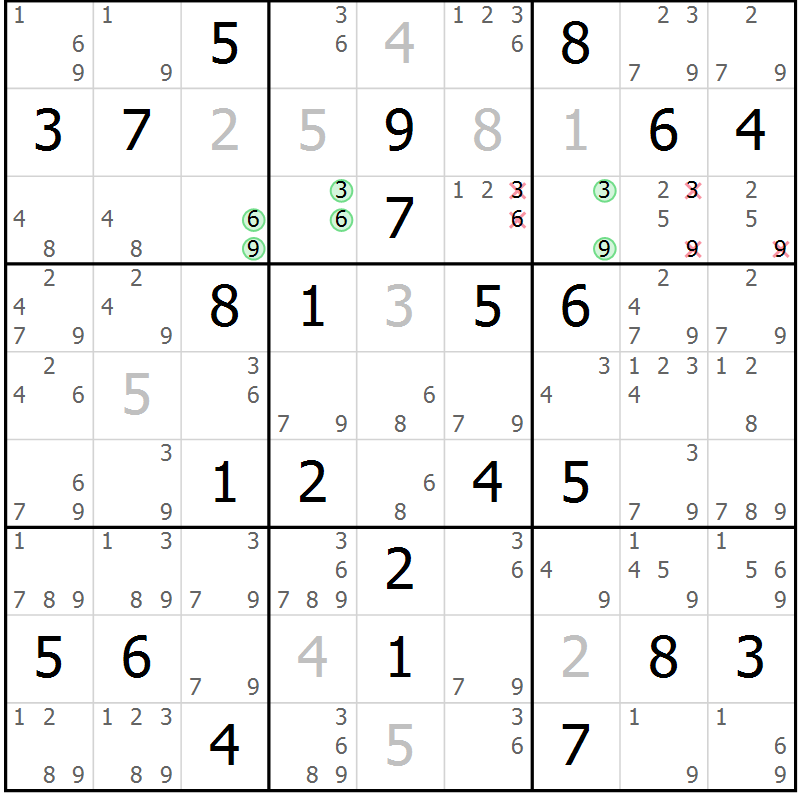 Position des candidats pour la solution de la Gr 40 page 43 du magazine de sudoku Virtuose n° 124