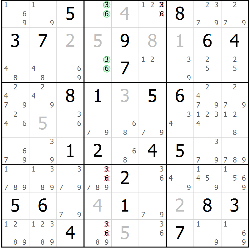 Position des candidats pour la solution de la Gr 40 page 43 du magazine de sudoku Virtuose n° 124