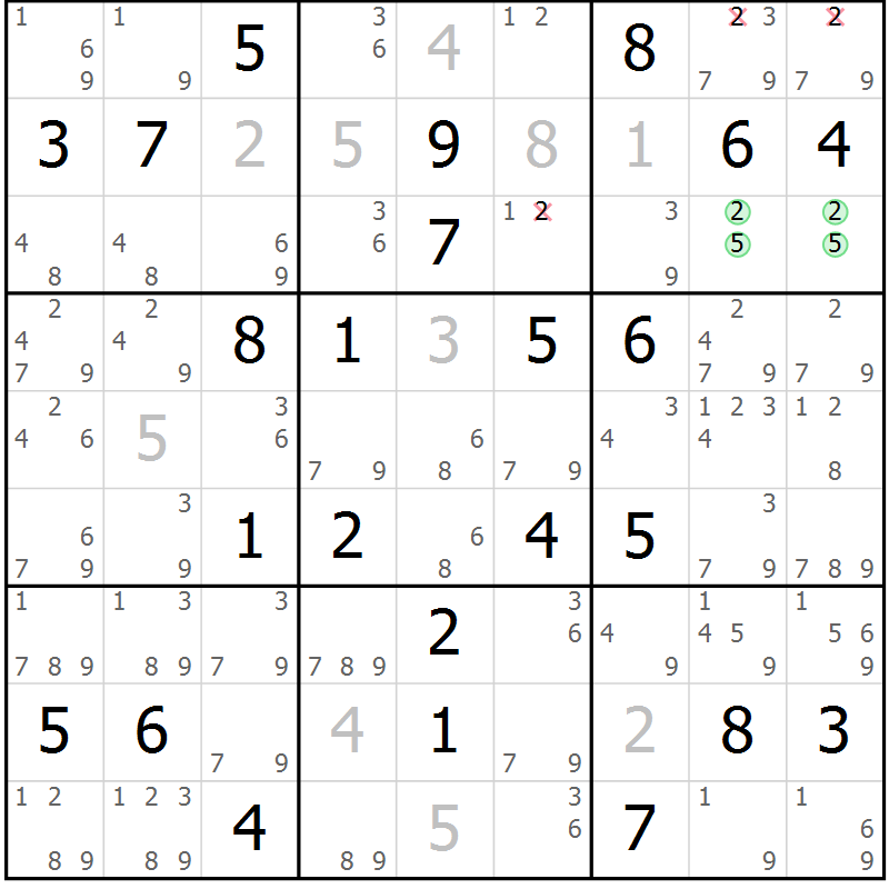 Position des candidats pour la solution de la Gr 40 page 43 du magazine de sudoku Virtuose n° 124