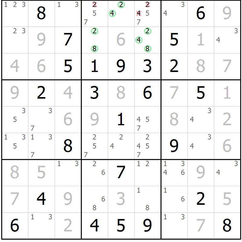 Position des candidats pour la solution de la Gr 42 page 45 du magazine de sudoku Virtuose n° 124