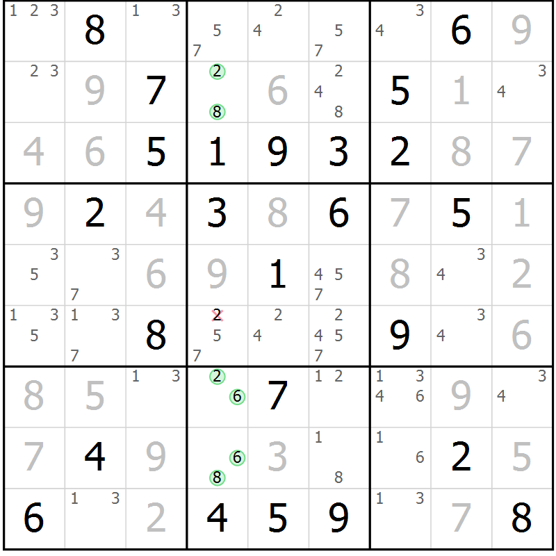 Position des candidats pour la solution de la Gr 42 page 45 du magazine de sudoku Virtuose n° 124