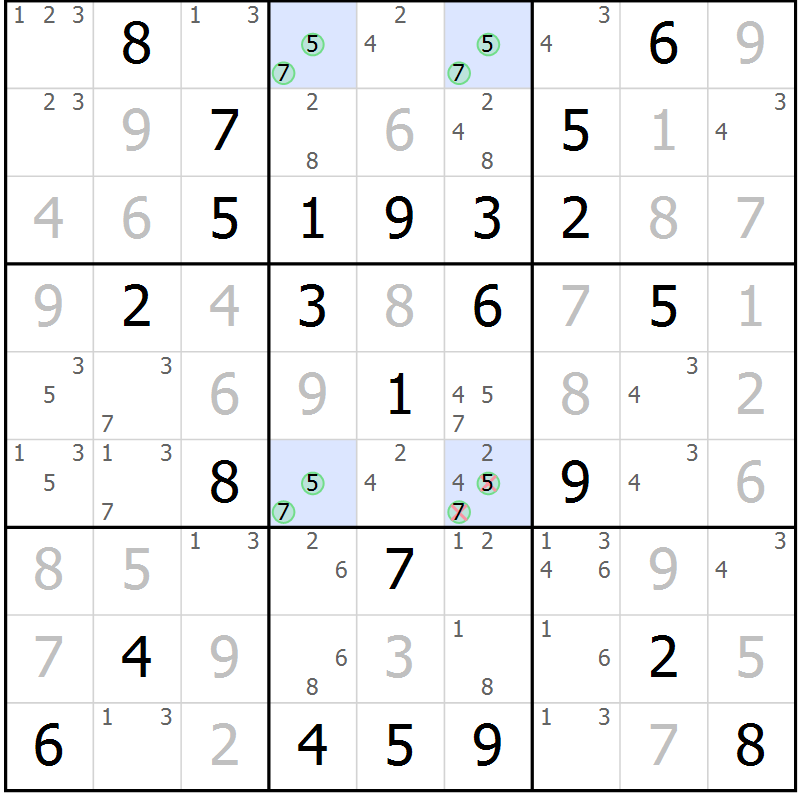 Position des candidats pour la solution de la Gr 42 page 45 du magazine de sudoku Virtuose n° 124