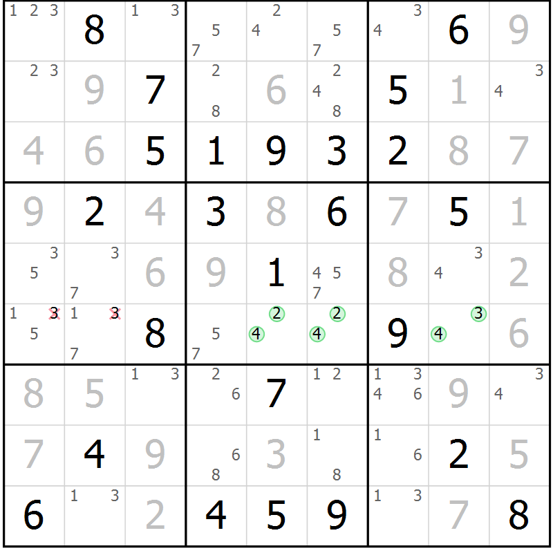 Position des candidats pour la solution de la Gr 42 page 45 du magazine de sudoku Virtuose n° 124