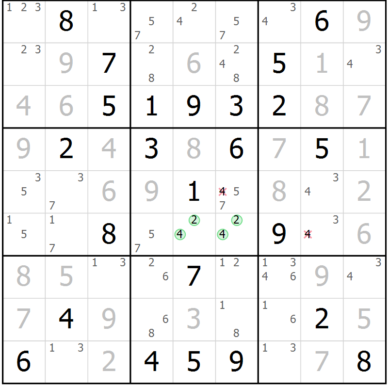 Position des candidats pour la solution de la Gr 42 page 45 du magazine de sudoku Virtuose n° 124