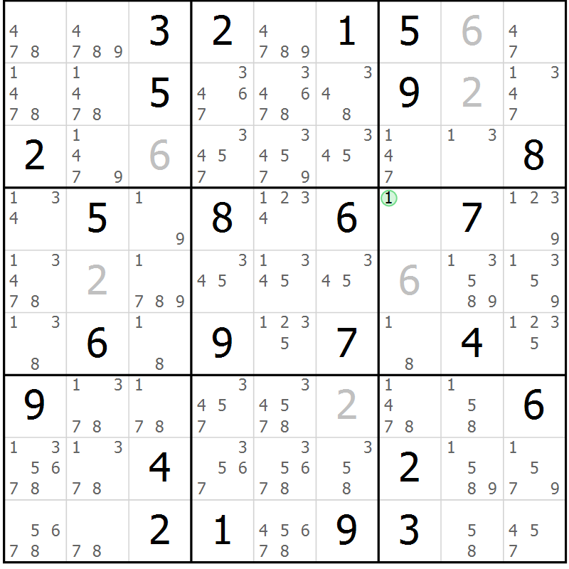 Position des candidats pour la solution de la Gr 43 page 46 du magazine de sudoku Virtuose n° 124