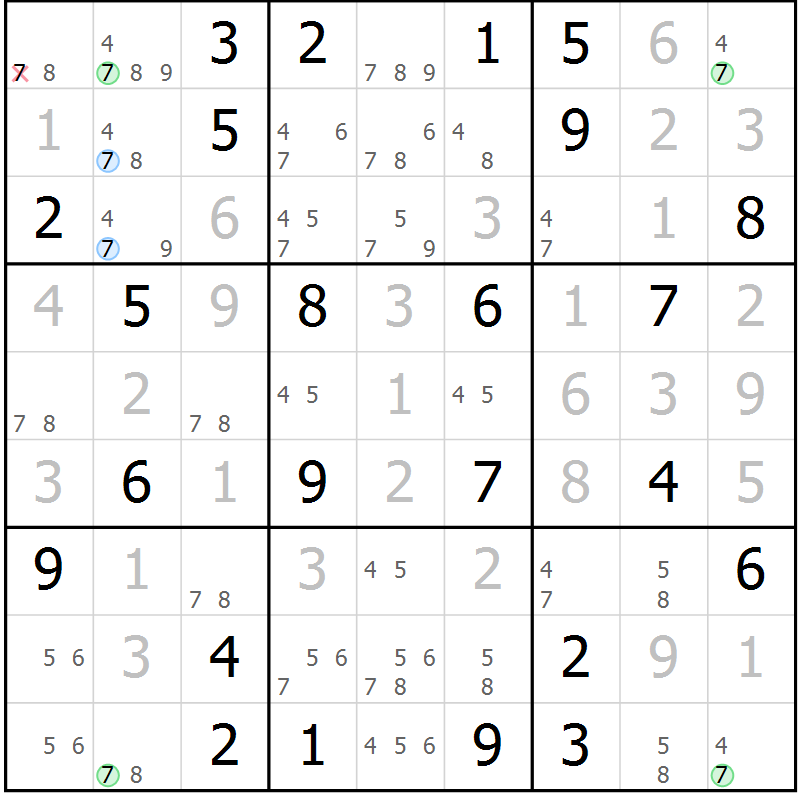Position des candidats pour la solution de la Gr 43 page 46 du magazine de sudoku Virtuose n° 124